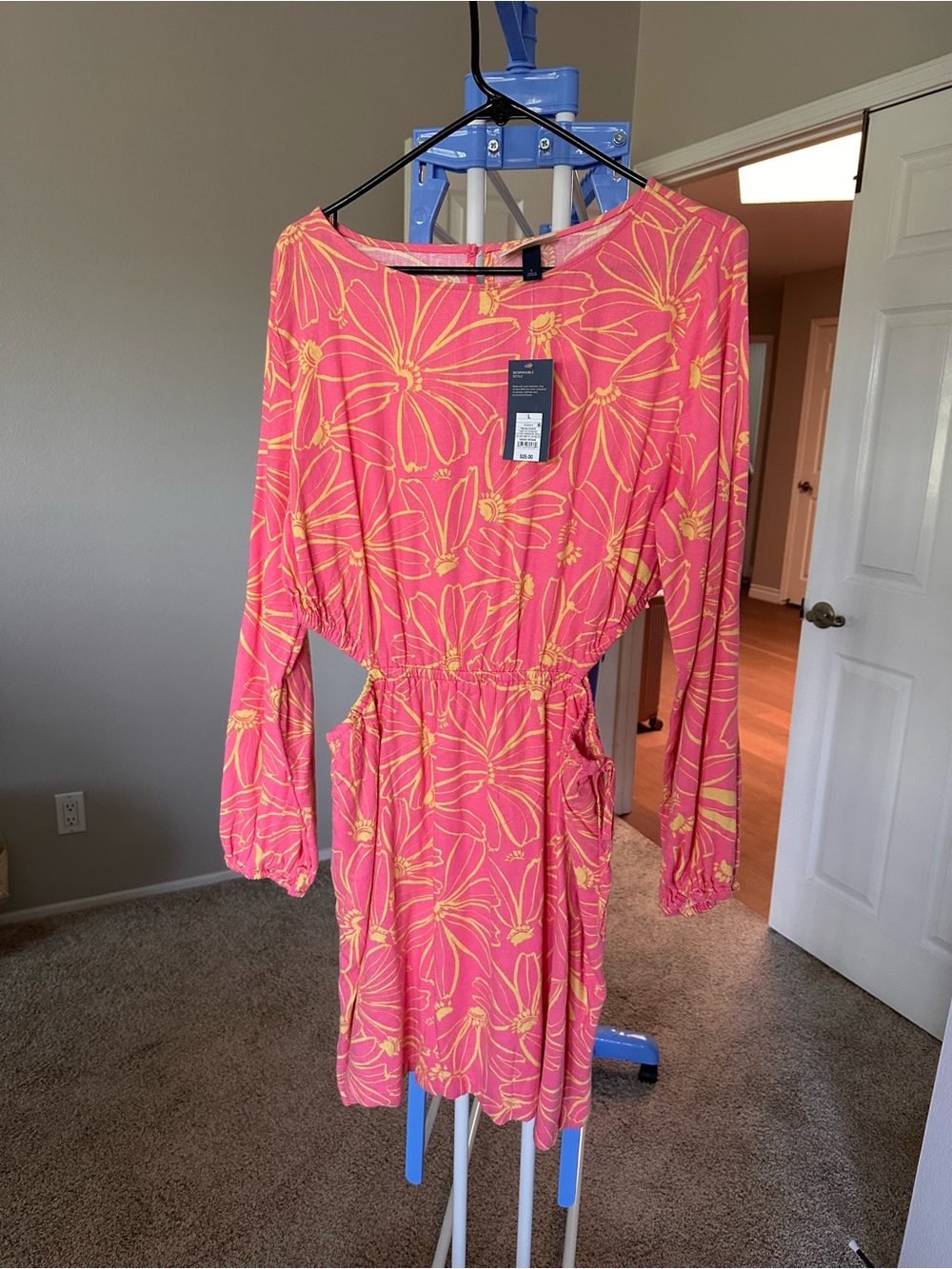 Pink Floral Long Sleeve Drawstring Waist Dress